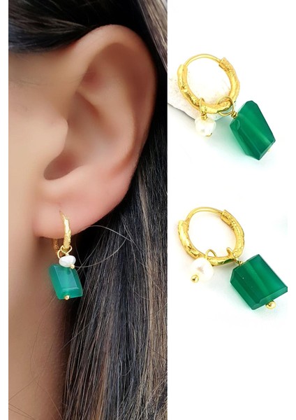 Zümrüt ve Incili 925AYAR Gümüş Üzerine Altın Kaplama Tasarım Minimal Halka Küpe