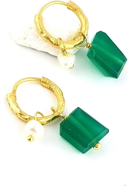 Zümrüt ve Incili 925AYAR Gümüş Üzerine Altın Kaplama Tasarım Minimal Halka Küpe fiyatları