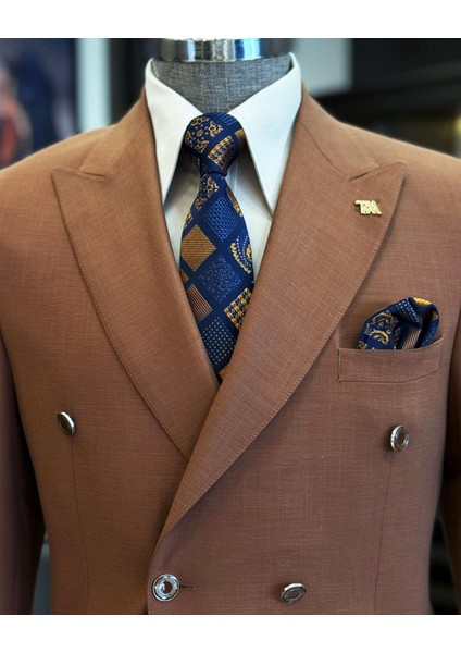 Italyan Stil Erkek Slim Fit Kırlangıç Yaka Keten Karışımlı Kruvaze Ceket Kiremit T11984 fiyatları