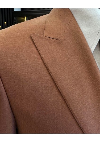 Italyan Stil Erkek Slim Fit Kırlangıç Yaka Keten Karışımlı Kruvaze Ceket Kiremit T11984 modelleri
