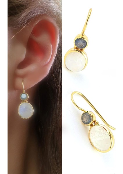 Labrodorite Ay Taşlı 925AYAR Gümüş Üzerine Altın Kaplama Tasarım Doğal Taş Küpe