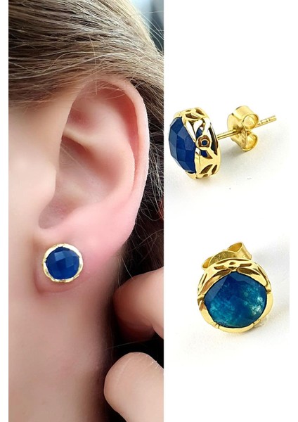 Mavi Kuvars Taşlı 925AYAR Gümüş Üzerine Altın Kaplama Tasarım Doğal Taş Küpe