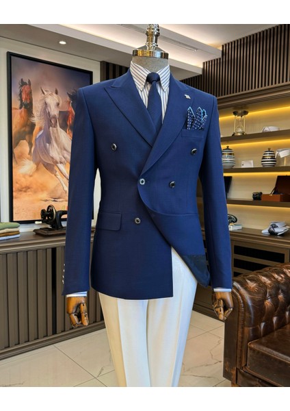 Italyan Stil Erkek Slim Fit Kırlangıç Yaka Keten Karışımlı Kruvaze Ceket Lacivert T11995