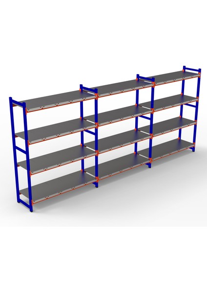 Rafburada® 4 Katlı 3'lü Depo Rafı. 150-300 kg Taşıma Kapasiteli H. Rack 60X90X200