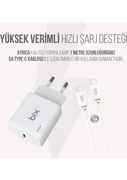 BX-UC25TA Samsung S21/22 Huawei P40 Pro vb. için 25W Hızlı PD Şarj Adaptörü & Type-C Kablo