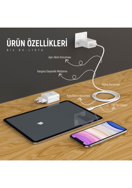 BX-L10TA iPhone Uyumlu 10W Seyahat Şarj Cihazı Lightning Kablo iPhone / iPad Şarj Cihazı