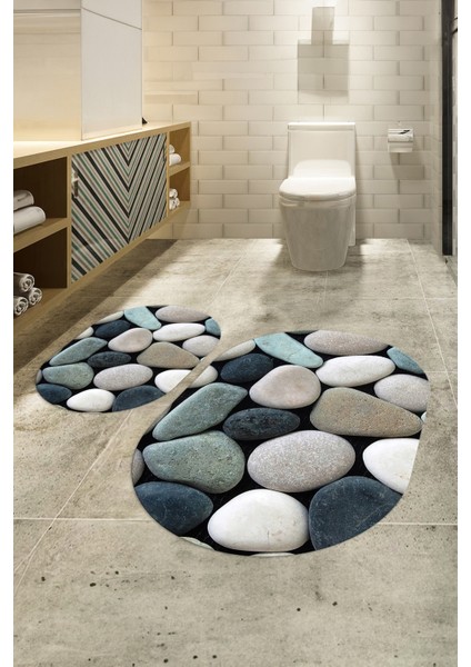 3D Dijital Baskılı Kaymaz Taban Yıkanabilir Oval Banyo Takımı Klozet Takımı, N-O-Klozet-46-Renkli,