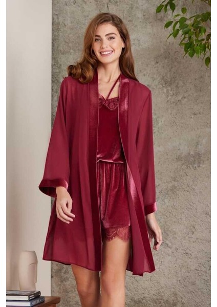 Dantelli Kadife Tulum Sabahlık Takım 4800 Bordo