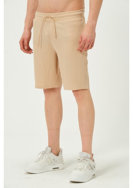 Erkek Crinkle Kumaş Regular Fit Şort Bej