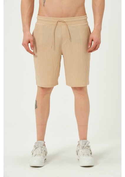 Erkek Crinkle Kumaş Regular Fit Şort Bej
