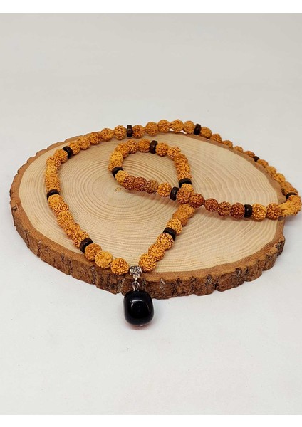Obsidyen Taşlı Rudraksha Tohum Kolye Dolama Bileklik 8mm (49706)