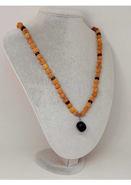 Obsidyen Taşlı Rudraksha Tohum Kolye Dolama Bileklik 8mm (49706)