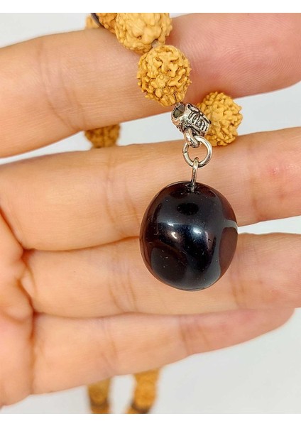 Obsidyen Taşlı Rudraksha Tohum Kolye Dolama Bileklik 8mm (49706)