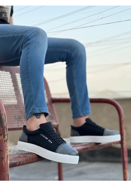 Siyah Renk Ekose Süet, Beyaz Taban Boyu 3 Cm, Günlük Klasik Bağcıklı Erkek Sneaker