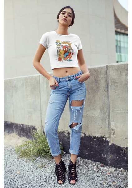 Spider-Cat Yazılı Crop Top, Marvel Karakter Baskılı Crop Bluz