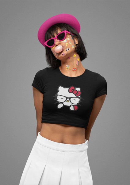 Gözlüklü Hello Kitty Baskılı Crop Top, Kadın Hk Baskılı Crop Bluz