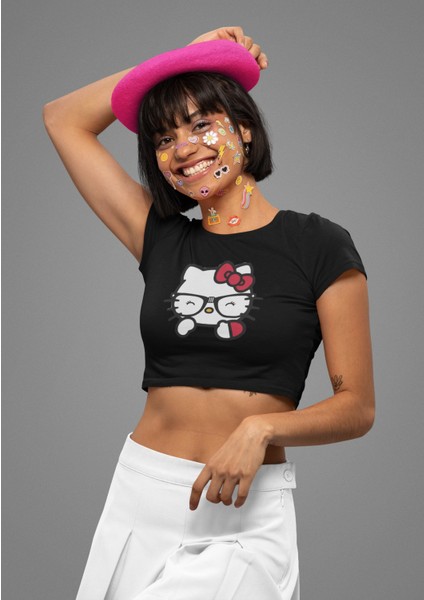 Gözlüklü Hello Kitty Baskılı Crop Top, Kadın Hk Baskılı Crop Bluz