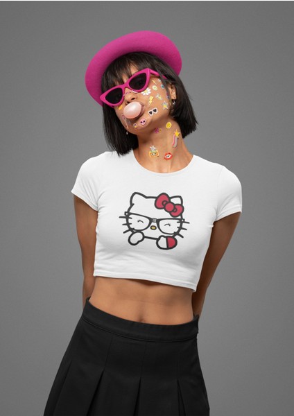 Gözlüklü Hello Kitty Baskılı Crop Top, Kadın Hk Baskılı Crop Bluz