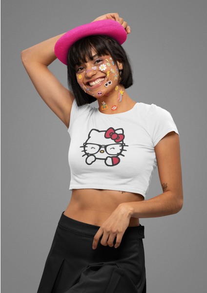 Gözlüklü Hello Kitty Baskılı Crop Top, Kadın Hk Baskılı Crop Bluz