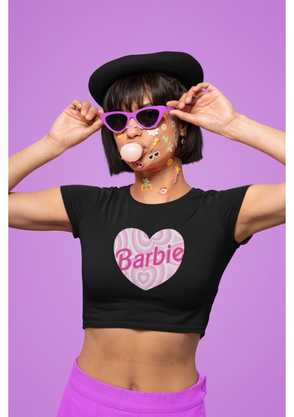 Fuddy Moda Desenli Kalp Içinde Barbie Yazılı Crop Top, Barbie Yazılı Crop Siyah Bluz