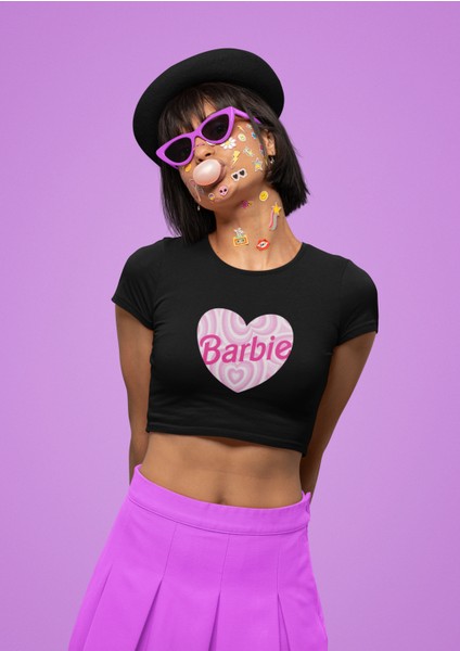 Fuddy Moda Desenli Kalp Içinde Barbie Yazılı Crop Top, Barbie Yazılı Crop Siyah Bluz