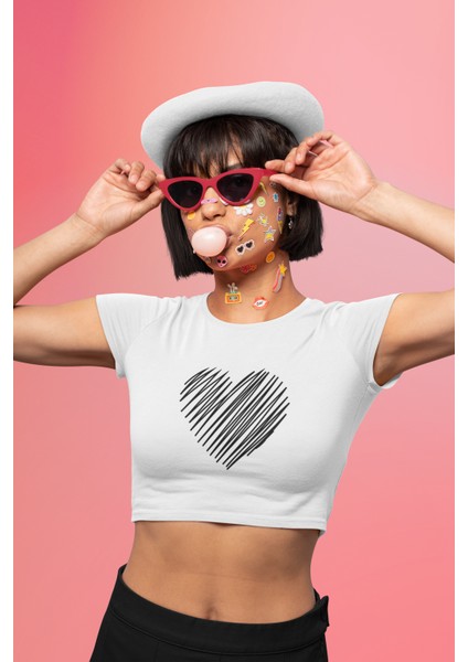 Karalama Kalp Baskılı Crop Top, Kadın Kalp Baskılı Crop Bluz