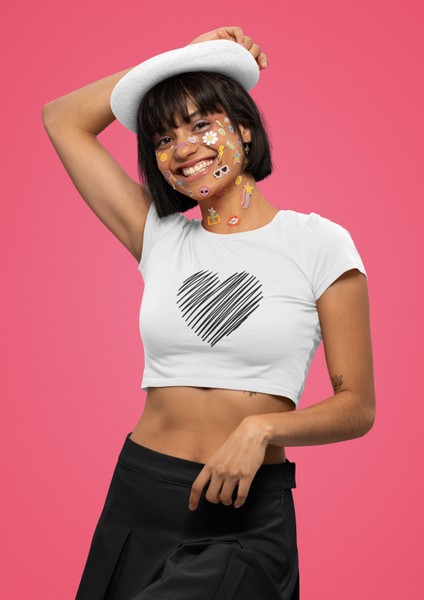 Karalama Kalp Baskılı Crop Top, Kadın Kalp Baskılı Crop Bluz