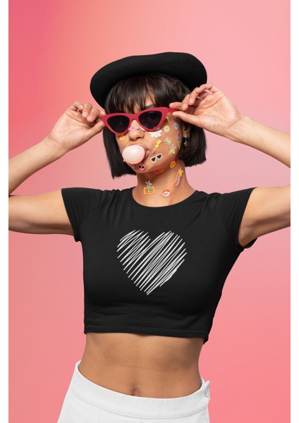 Karalama Kalp Baskılı Crop Top, Kadın Kalp Baskılı Crop Bluz
