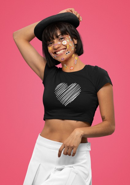 Karalama Kalp Baskılı Crop Top, Kadın Kalp Baskılı Crop Bluz
