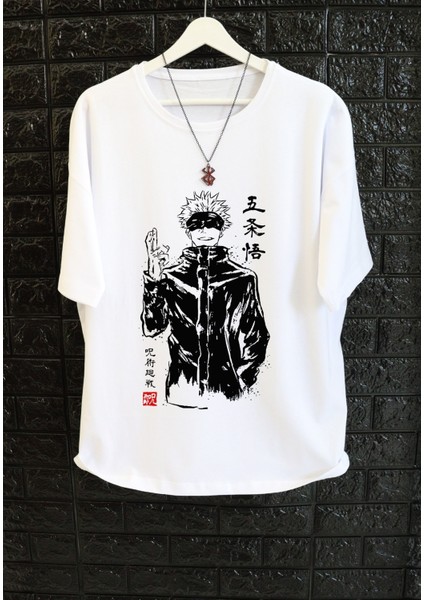 Oversize Gojo Satoru Beyaz Tişört, Unisex Anime Baskılı T-Shirt