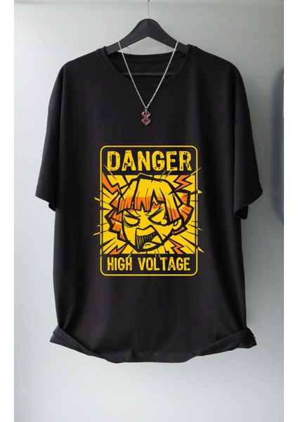 Oversize Demon Slayer Zenitsu High Voltage Tişört, Unisex Anime Baskılı T-Shirt