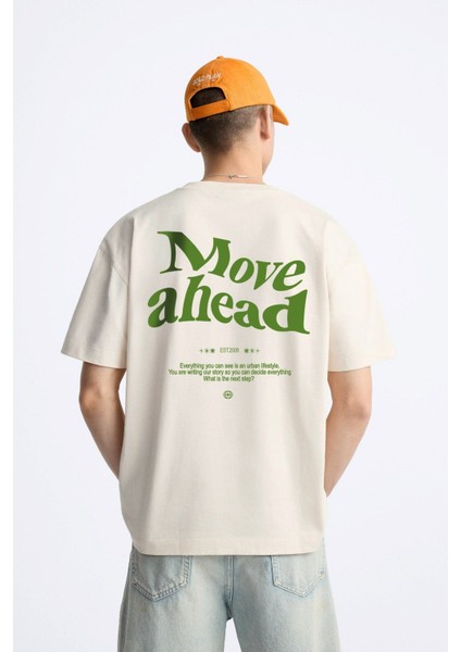 Bisiklet Yaka Move Ahead Yazılı Kordinat Baskılı Oversize Bej Erkek T-Shirt