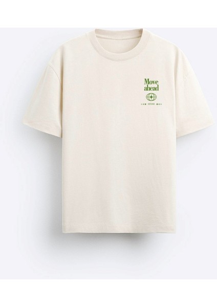 Bisiklet Yaka Move Ahead Yazılı Kordinat Baskılı Oversize Bej Erkek T-Shirt