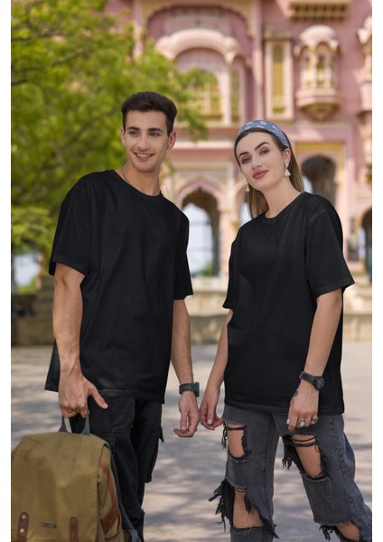 Unisex Oversize Basic Siyah-Beyaz Tişört, Geniş Kalıp Baskısız Düz T-Shirt fiyatları