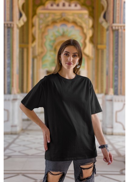 Unisex Oversize Basic Siyah-Beyaz Tişört, Geniş Kalıp Baskısız Düz T-Shirt fırsatları