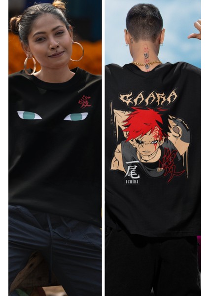Oversize Naruto Gaara Sırt Baskılı T-Shirt, Unisex Anime Baskılı Tişört