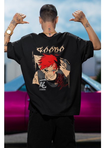 Oversize Naruto Gaara Sırt Baskılı T-Shirt, Unisex Anime Baskılı Tişört modelleri