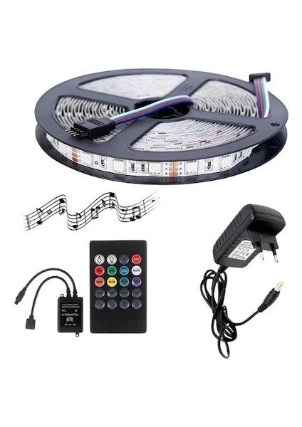 12V 5 Metre Silikonlu Rgb Şerit LED Sese ve Müziğe Duyarlı Ir Kumanda 4A Adaptörlü IP65 Set