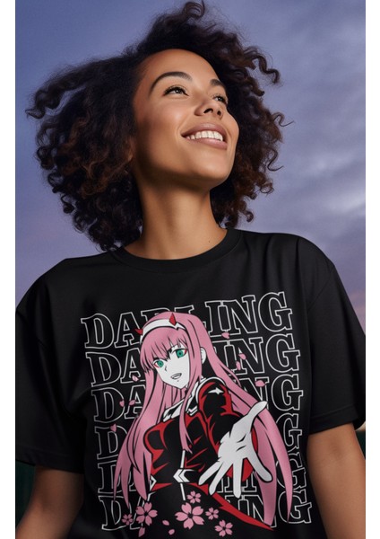 Oversize Zero Two Ex1 Tişört, Unisex Anime Baskılı T-Shirt