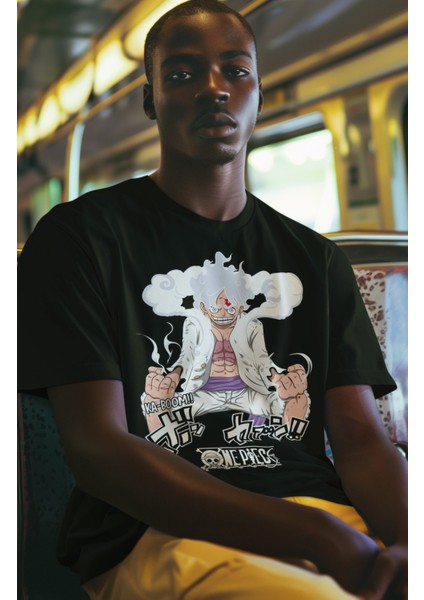 Oversize Version 7 Luffy Gear 5 Siyah Tişört, Erkek-Kadın Anime Baskılı Siyah T-Shirt