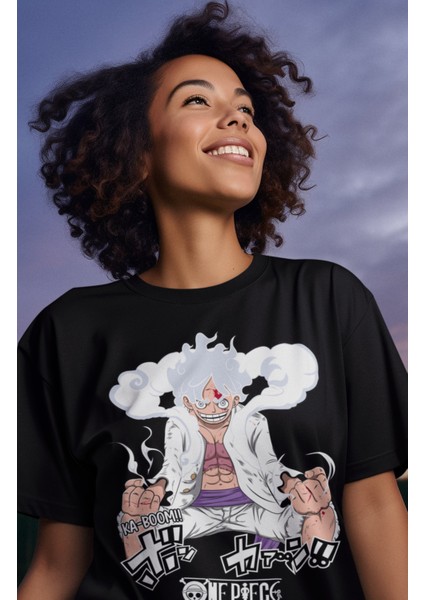 Oversize Version 7 Luffy Gear 5 Siyah Tişört, Erkek-Kadın Anime Baskılı Siyah T-Shirt