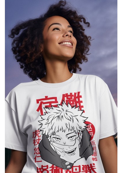 Oversize V8 Jujutsu Kaisen Tişört, Unisex Anime Baskılı T-Shirt