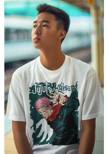 Oversize Jujutsu Kaisen Itadori V6 Tişört, Unisex Anime Yeşil Baskılı T-Shirt