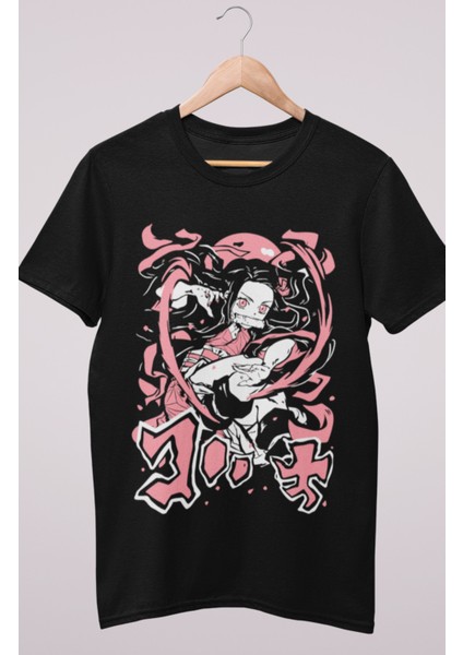Oversize Demon Slayer Ex6 Nezuko Siyah Tişört, Unisex Anime Baskılı T-Shirt
