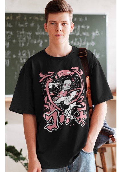 Oversize Demon Slayer Ex6 Nezuko Siyah Tişört, Unisex Anime Baskılı T-Shirt fiyatları