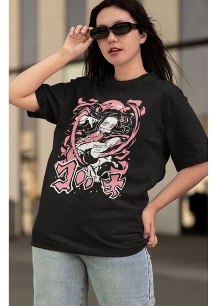 Oversize Demon Slayer Ex6 Nezuko Siyah Tişört, Unisex Anime Baskılı T-Shirt modelleri