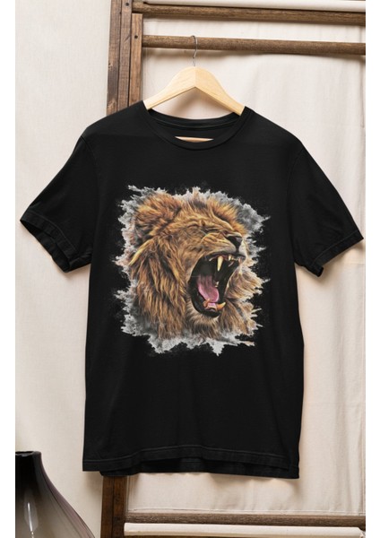 Unisex Kükreyen Aslan Baskılı Tişört, Oversize Hayvan Lion Baskılı T-Shirt