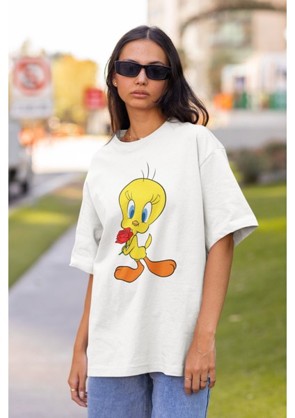Oversize Tweety Baskılı Çift Tişört, Unisex Çizgi Film Karakter Baskılı T-Shirt