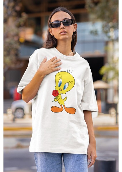 Oversize Tweety Baskılı Çift Tişört, Unisex Çizgi Film Karakter Baskılı T-Shirt
