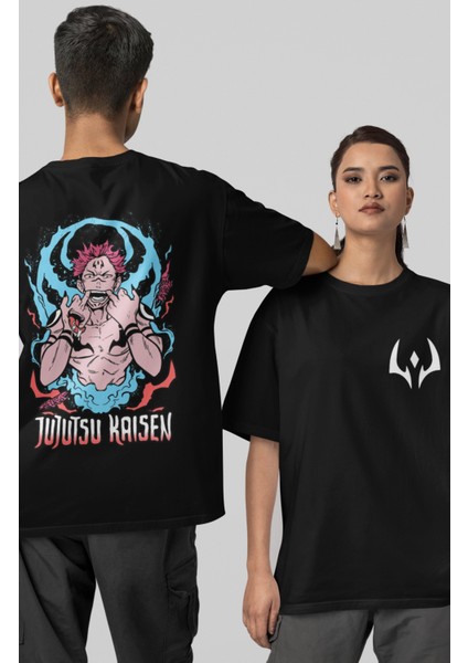 Unisex Jujutsu Kaisen Sukuna Ex9 Sırt Baskılı Tişört, Oversize Ön Arka Anime Baskılı Tshirt